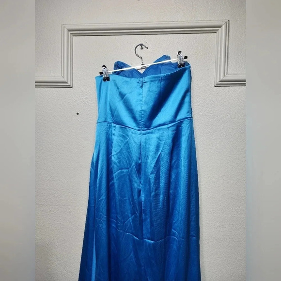 Lulus Ethereal Excellence Teal Blue Satin Pleated Strapless Maxi Dress Party - Picture 11 of 12